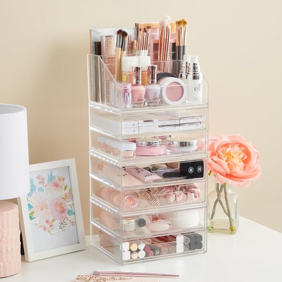 Chloe Stackable Clear Makeup Holder and Double Drawer Cosmetics Organizer Set - Picture 9 of 10